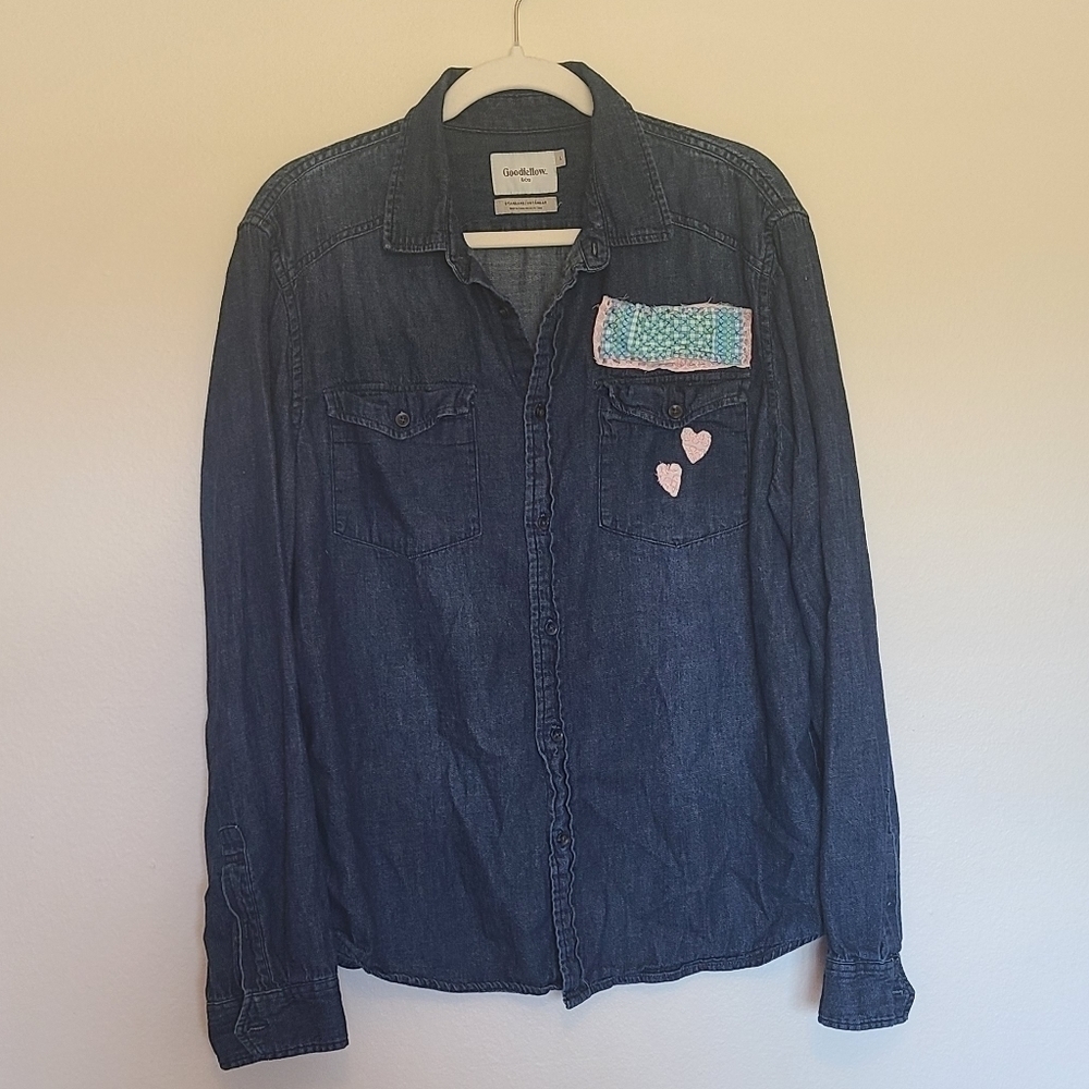 Goodfellow & Co. Denim Cotton Button Down Long Sleeve Shirt with Heart Patches
